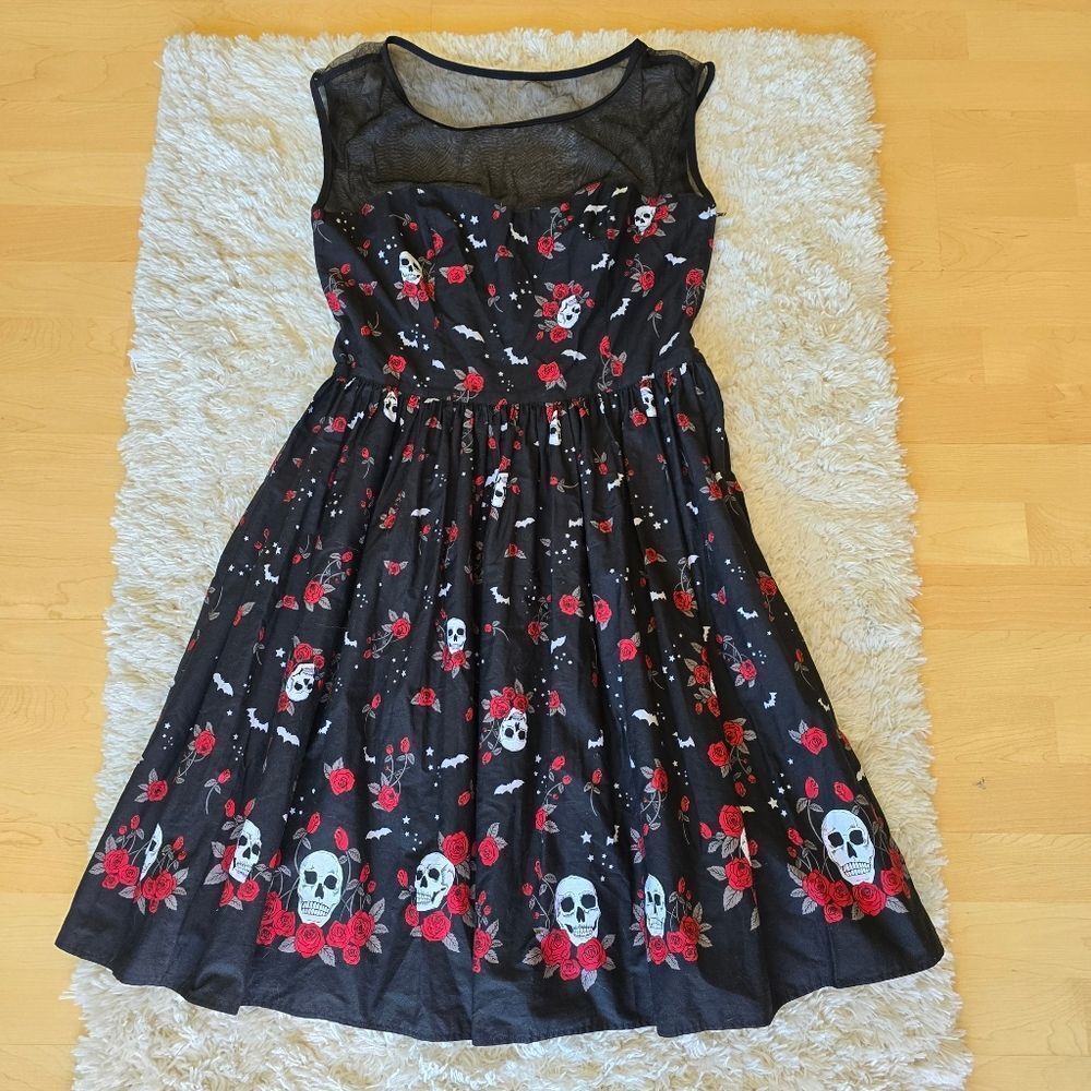 Hell Bunny Black Dress with Red Rose and‎ Skull Pattern Size XL Wimsigoth